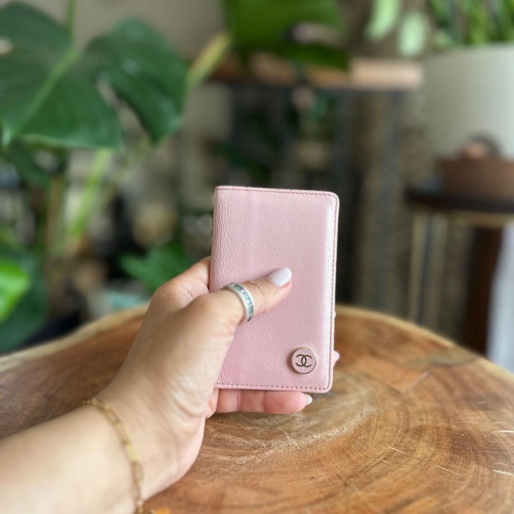 CHANEL Pink Quilted CC Logo Card Wallet with Gold Accent